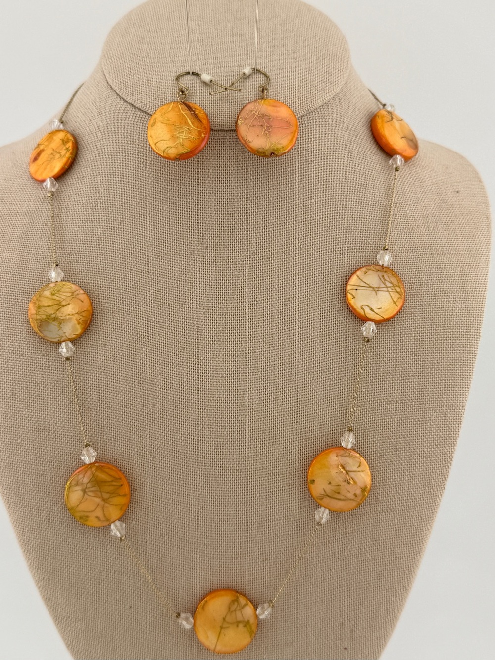 Boho Marbled Orange Shell Disc Necklace & Earring Set